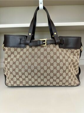 Authentic Gucci GG Canvas Belted Buckle Tote Brown Leather Large Handbag Bag